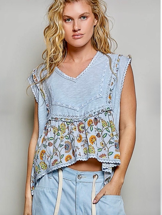 POL Tops - POL Light Blue Ribbed & Floral Lace-Trim Sleeveless Tunic